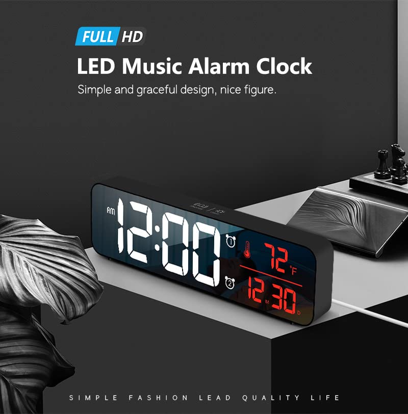 Digital Clock Large Display, Alarm Clock for Living Room Office Bedroom Decor, LED Corded Electric, Date Temp Display Wall Clock, Automatic Brightness Dimmer Smart Cool Modern Desk Accessories Black
