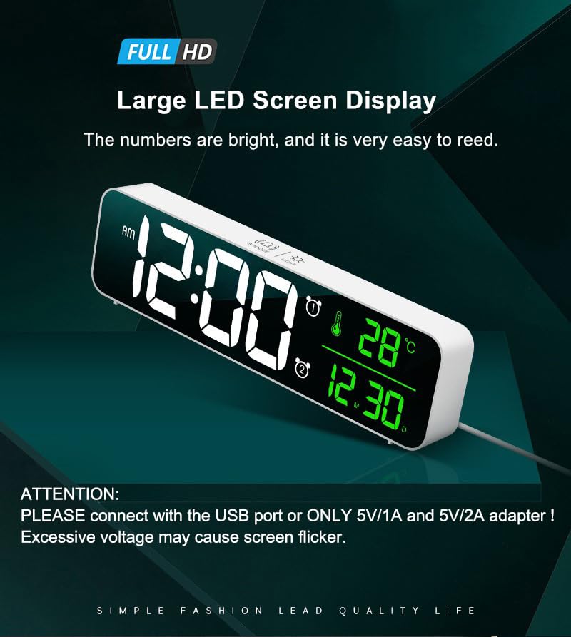 Digital Clock Large Display, Alarm Clock for Living Room Office Bedroom Decor, LED Corded Electric, Date Temp Display Wall Clock, Automatic Brightness Dimmer Smart Cool Modern Desk Accessories Black