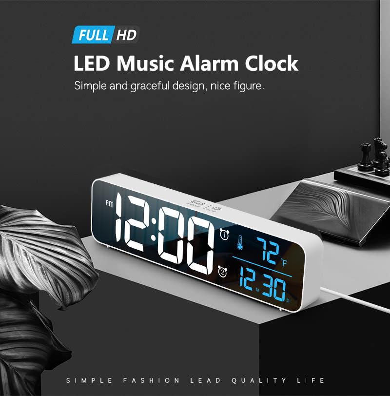 Digital Clock Large Display, Alarm Clock for Living Room Office Bedroom Decor, LED Corded Electric, Date Temp Display Wall Clock, Automatic Brightness Dimmer Smart Cool Modern Desk Accessories Black
