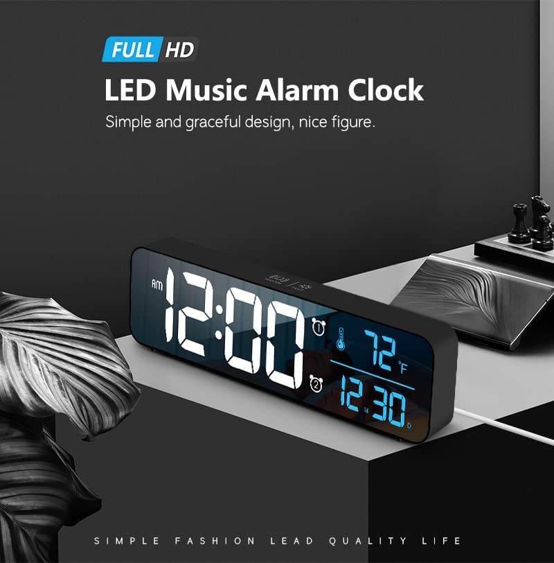 Digital Clock Large Display, Alarm Clock for Living Room Office Bedroom Decor, LED Corded Electric, Date Temp Display Wall Clock, Automatic Brightness Dimmer Smart Cool Modern Desk Accessories Black