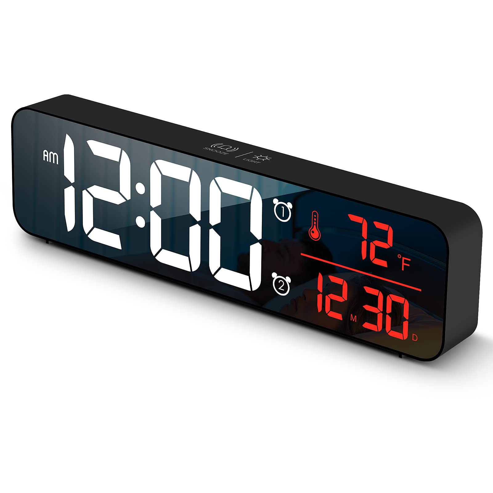Digital Clock Large Display, Alarm Clock for Living Room Office Bedroom Decor, LED Corded Electric, Date Temp Display Wall Clock, Automatic Brightness Dimmer Smart Cool Modern Desk Accessories Black