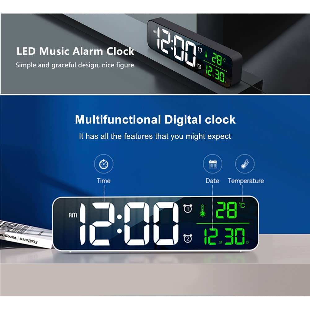 Digital Clock Large Display, Alarm Clock for Living Room Office Bedroom Decor, LED Corded Electric, Date Temp Display Wall Clock, Automatic Brightness Dimmer Smart Cool Modern Desk Accessories Black