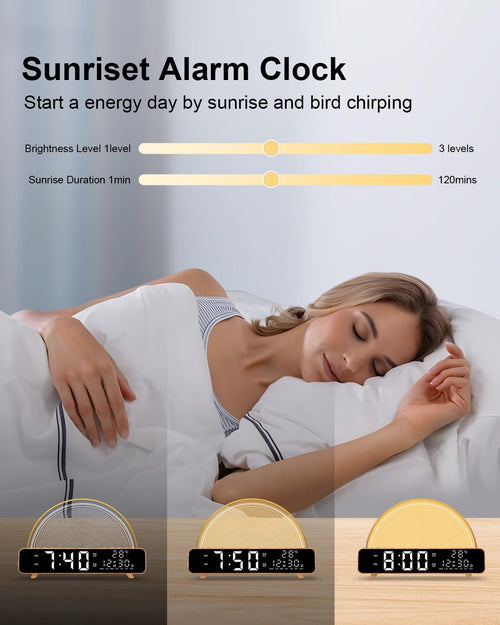 HAODINGMAI Sunrise Alarm Clock Wake Up Light with Sunrise Simulation White Noise Machine Touch Control Bedside Lamps Colors Atmosphere Lamp 30/60/90 Sleep Timer 13 Nature Sounds