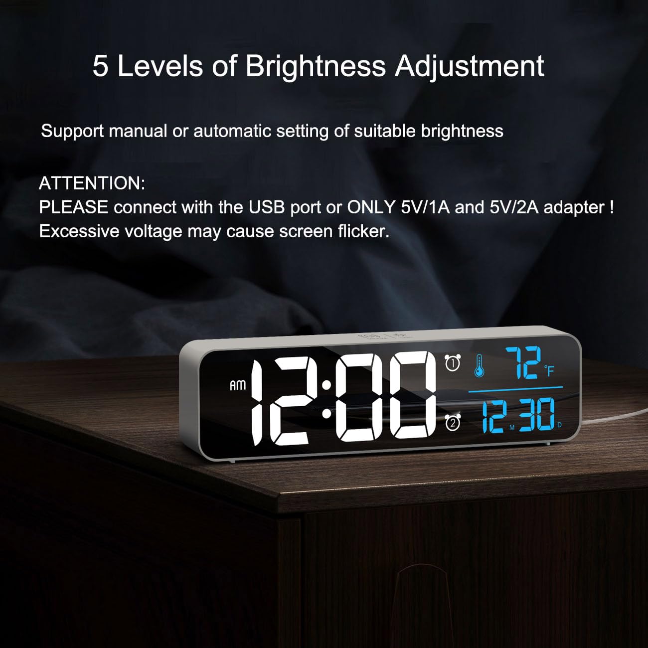 Digital Clock Large Display, Alarm Clock for Living Room Office Bedroom Decor, LED Corded Electric, Date Temp Display Wall Clock, Automatic Brightness Dimmer Smart Cool Modern Desk Accessories Black