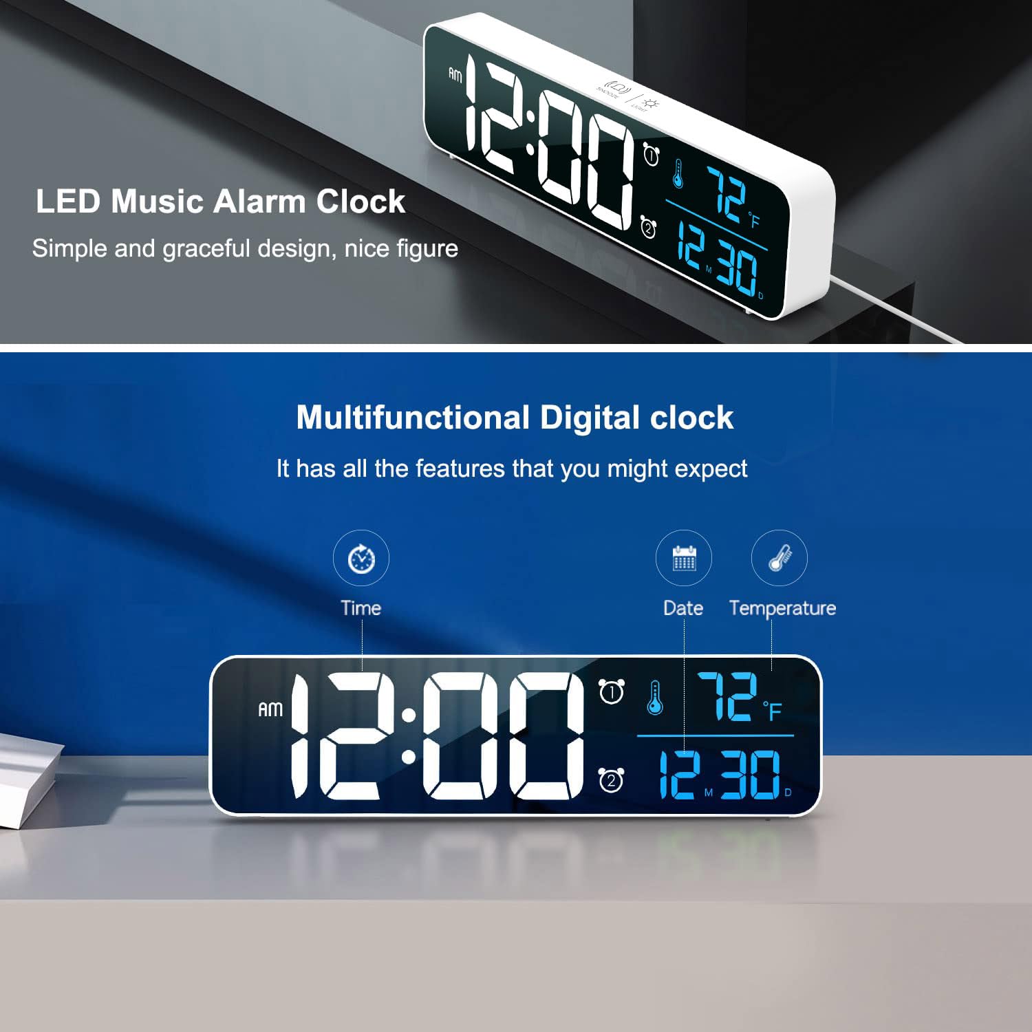 Digital Clock Large Display, Alarm Clock for Living Room Office Bedroom Decor, LED Corded Electric, Date Temp Display Wall Clock, Automatic Brightness Dimmer Smart Cool Modern Desk Accessories Black
