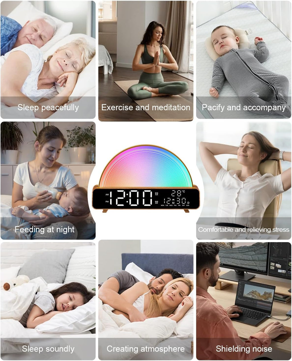 HAODINGMAI Sunrise Alarm Clock Wake Up Light with Sunrise Simulation White Noise Machine Touch Control Bedside Lamps Colors Atmosphere Lamp 30/60/90 Sleep Timer 13 Nature Sounds