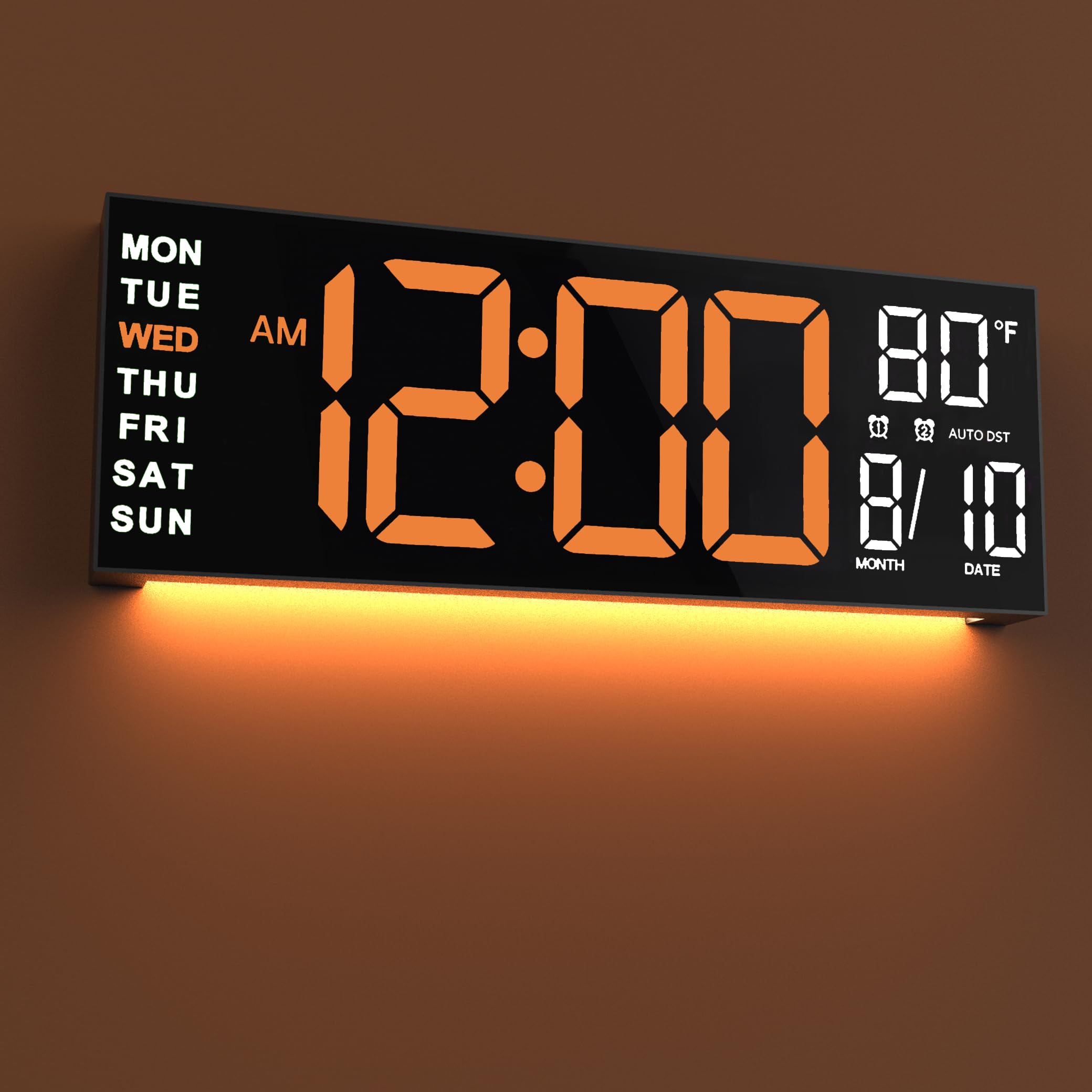 JALL 16" Large Digital Wall Mount Clock, Count Down Timer, Alarm, Big LED, RGB Color, DST, Temperature for Living Room Classroom Desk, Xmas, Birthday Gift for Senior Mom Dad (White Orange, 16 inches)