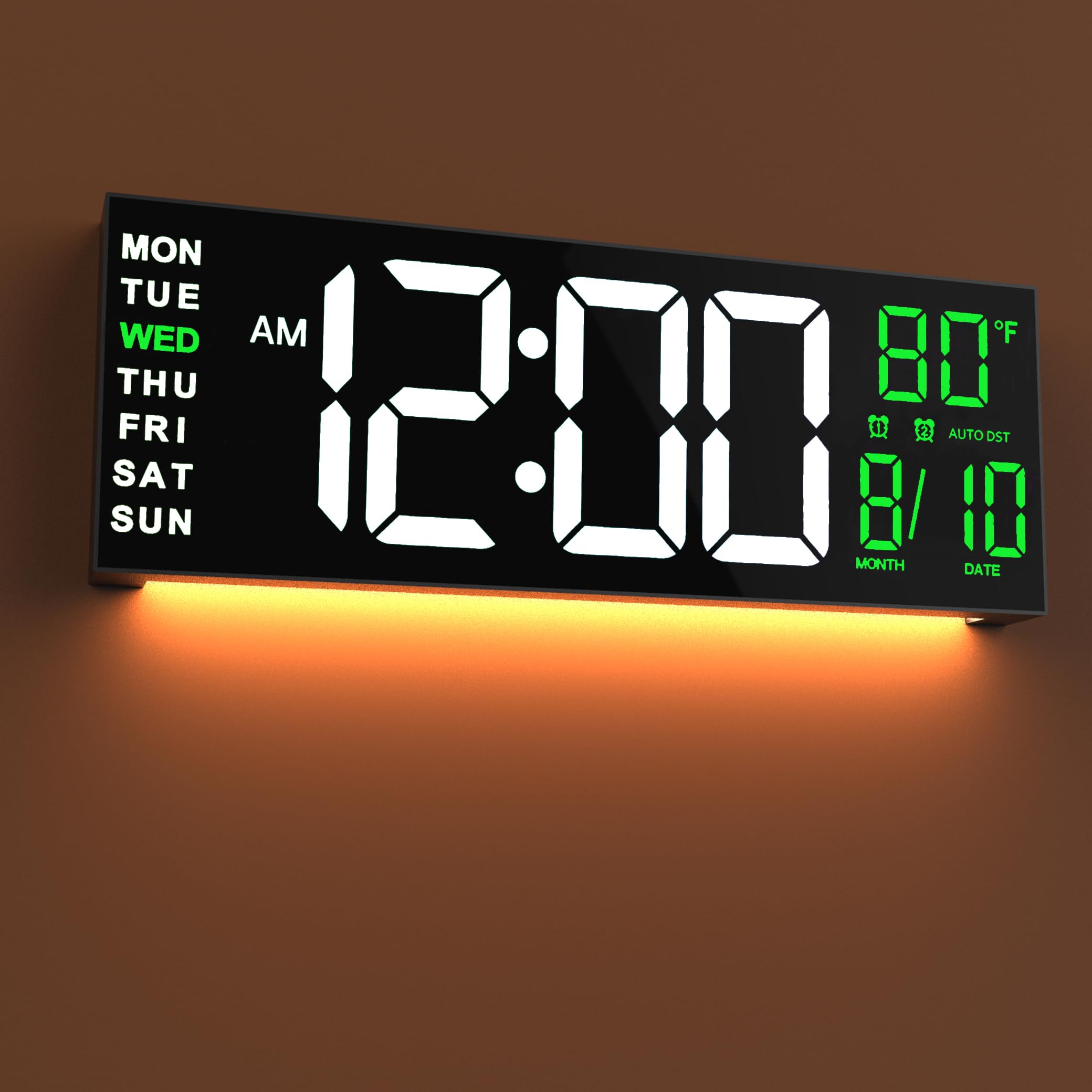 JALL 16" Large Digital Wall Mount Clock, Count Down Timer, Alarm, Big LED, RGB Color, DST, Temperature for Living Room Classroom Desk, Xmas, Birthday Gift for Senior Mom Dad (White Orange, 16 inches)