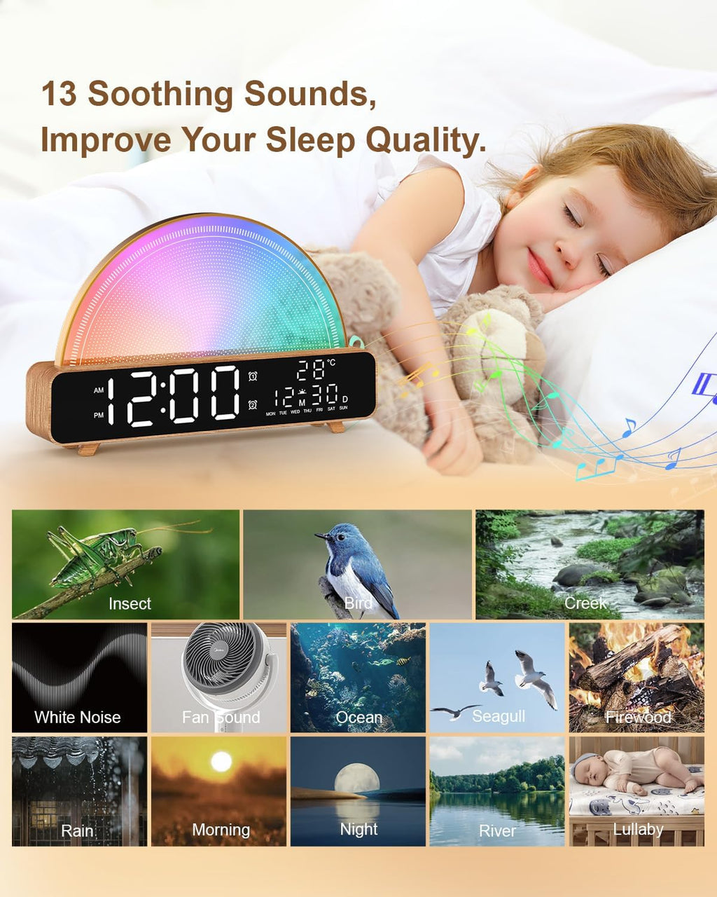 HAODINGMAI Sunrise Alarm Clock Wake Up Light with Sunrise Simulation White Noise Machine Touch Control Bedside Lamps Colors Atmosphere Lamp 30/60/90 Sleep Timer 13 Nature Sounds