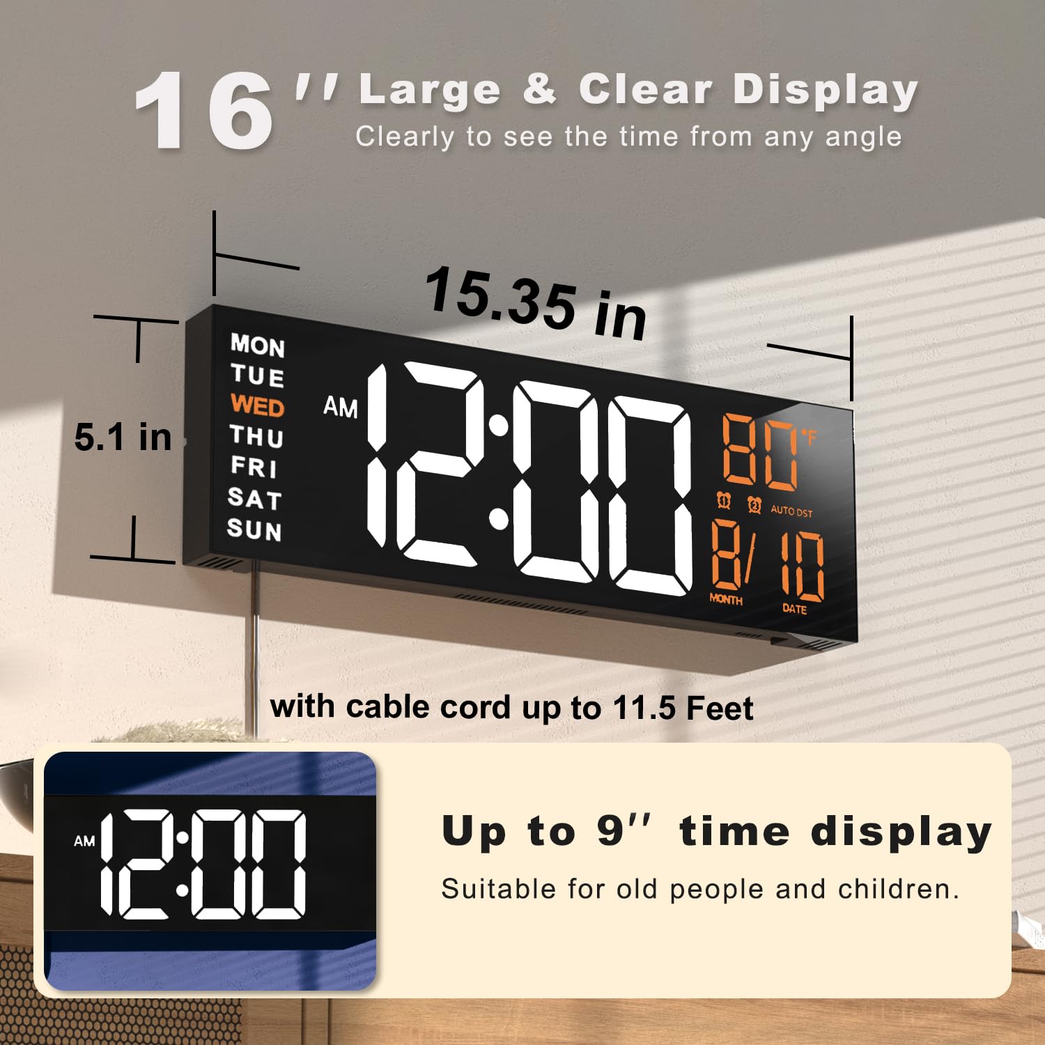 JALL 16" Large Digital Wall Mount Clock, Count Down Timer, Alarm, Big LED, RGB Color, DST, Temperature for Living Room Classroom Desk, Xmas, Birthday Gift for Senior Mom Dad (White Orange, 16 inches)