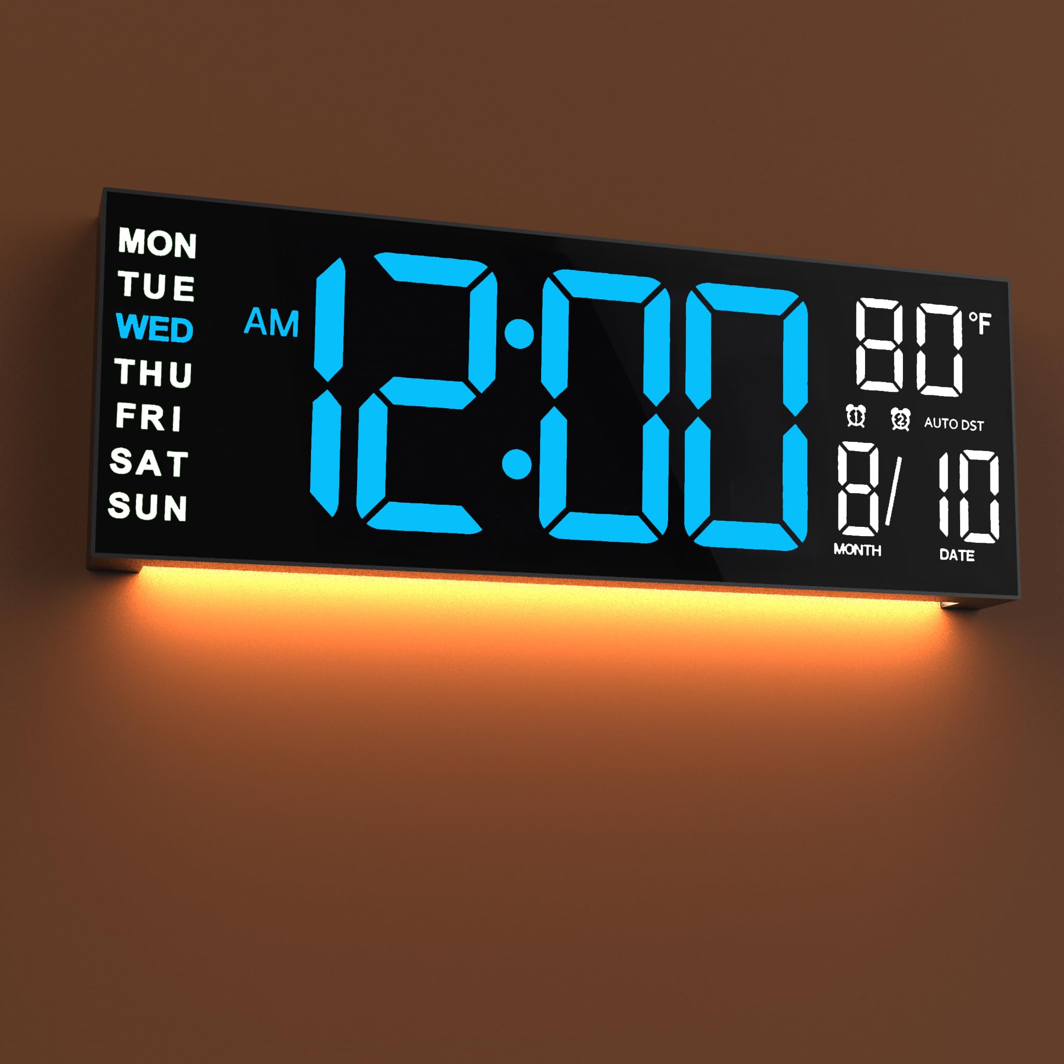 JALL 16" Large Digital Wall Mount Clock, Count Down Timer, Alarm, Big LED, RGB Color, DST, Temperature for Living Room Classroom Desk, Xmas, Birthday Gift for Senior Mom Dad (White Orange, 16 inches)