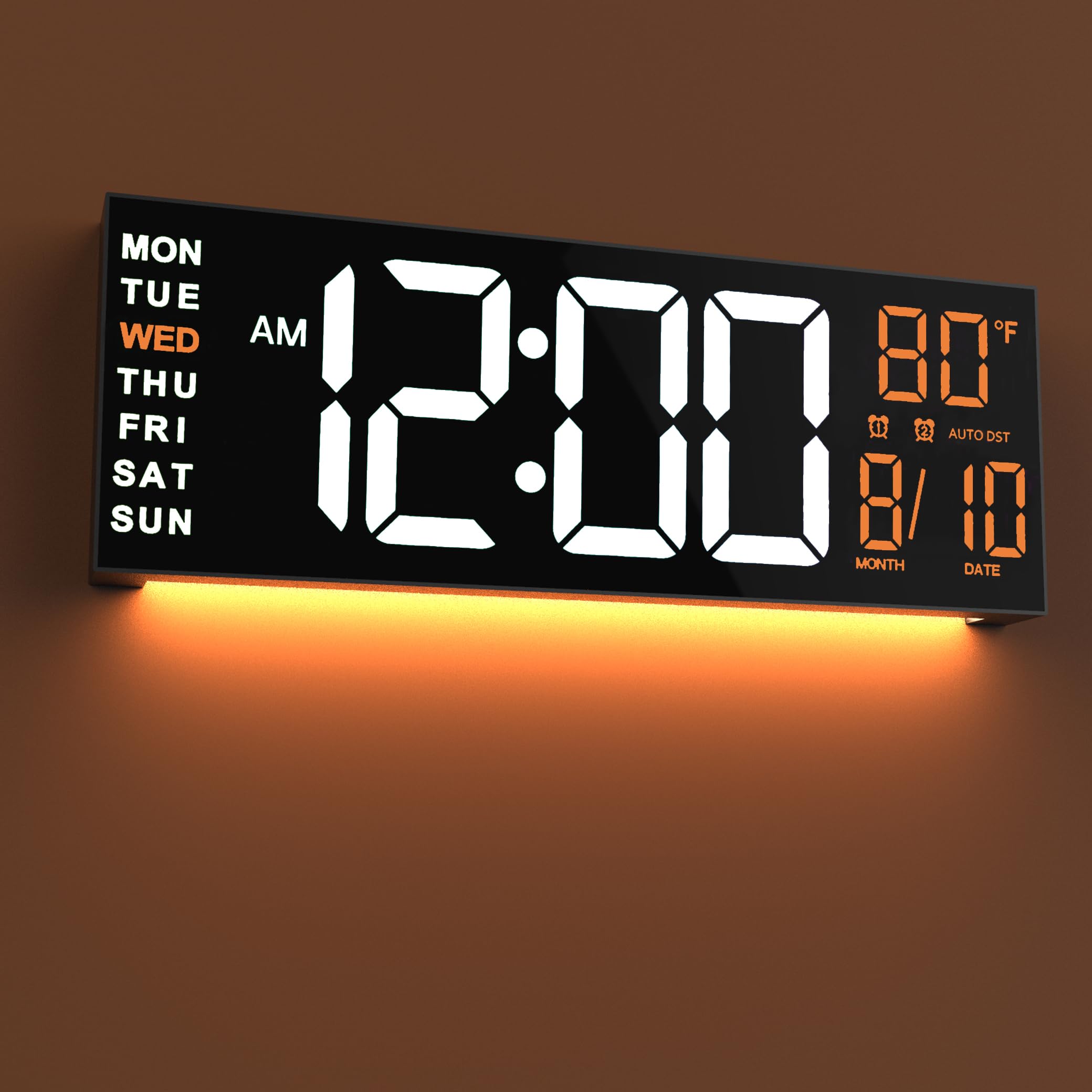 JALL 16" Large Digital Wall Mount Clock, Count Down Timer, Alarm, Big LED, RGB Color, DST, Temperature for Living Room Classroom Desk, Xmas, Birthday Gift for Senior Mom Dad (White Orange, 16 inches)