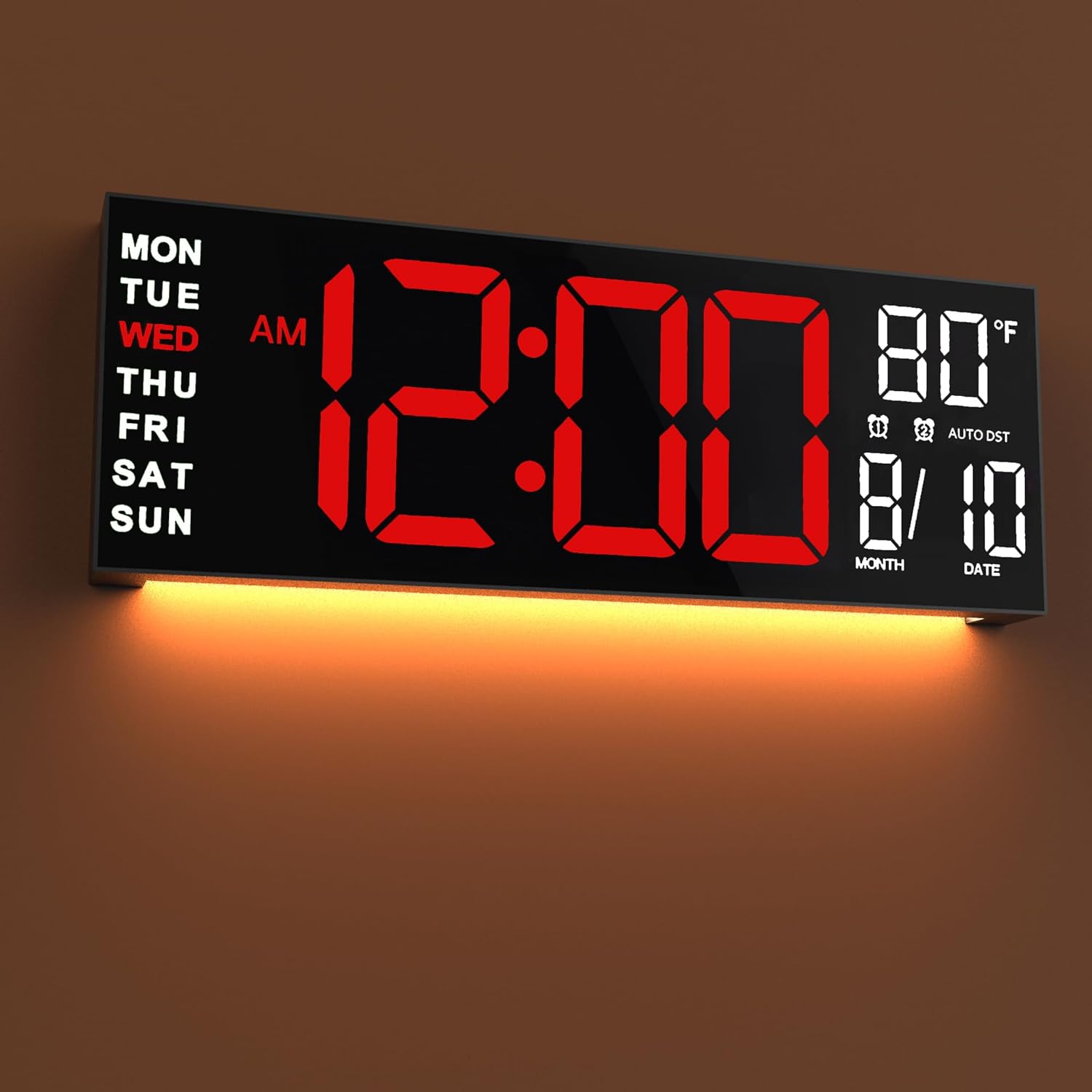 JALL 16" Large Digital Wall Mount Clock, Count Down Timer, Alarm, Big LED, RGB Color, DST, Temperature for Living Room Classroom Desk, Xmas, Birthday Gift for Senior Mom Dad (White Orange, 16 inches)